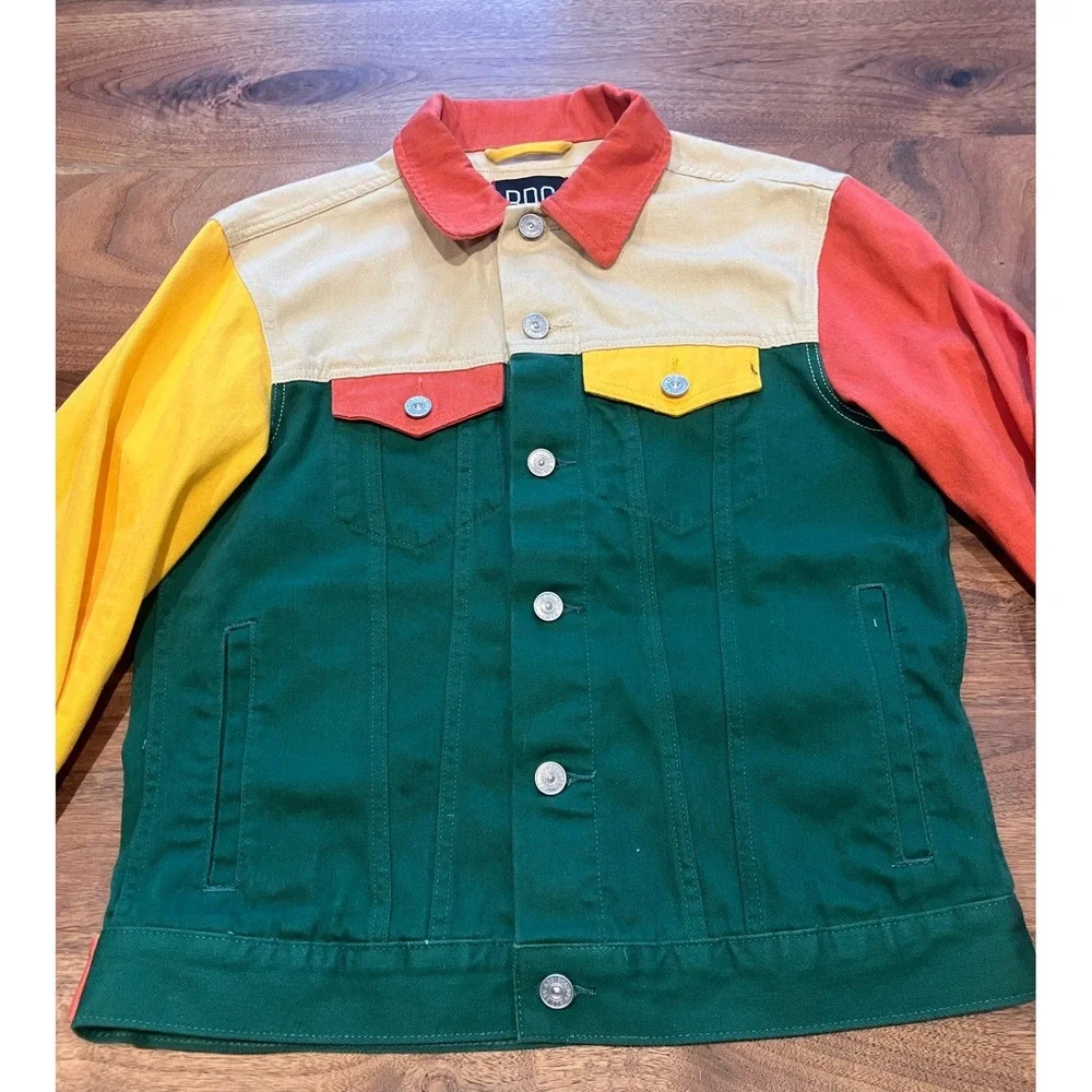 BDG Urban Outfitters‎ Mens Med Colorblock Denim Trucker Jacket Green Yellow Red